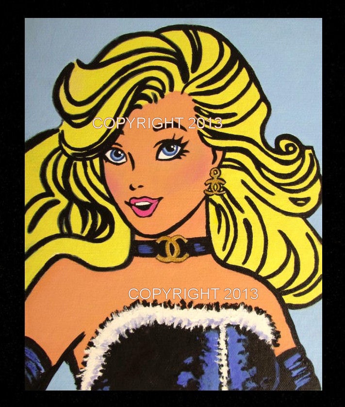 Beautiful Blonde Barbie girl doll Chanel Earrings Original Acrylic Painting Canvas 10 x 8 ART