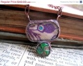 SALE Antique Fabric Fiber Necklace Vintage Button Necklace Purples and Greens