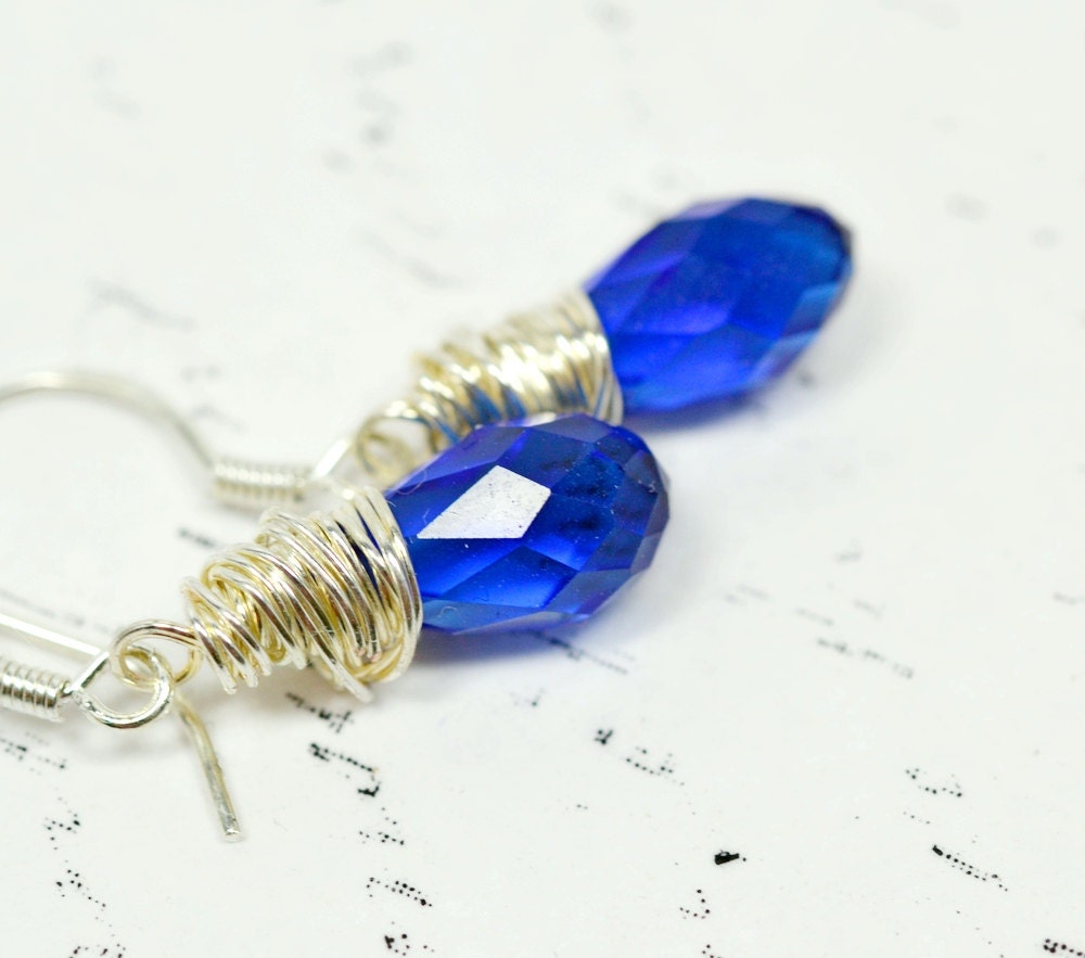 Deep Sapphire Blue Crystal Earrings on Sterling Silver, Wire Wrapped Cobalt Blue Swarovski Crystals