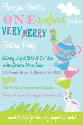 Alice in Wonderland 1st Birthday Invitation - Printable Custom Invitation - Whimsical, Tea Party, Girl
