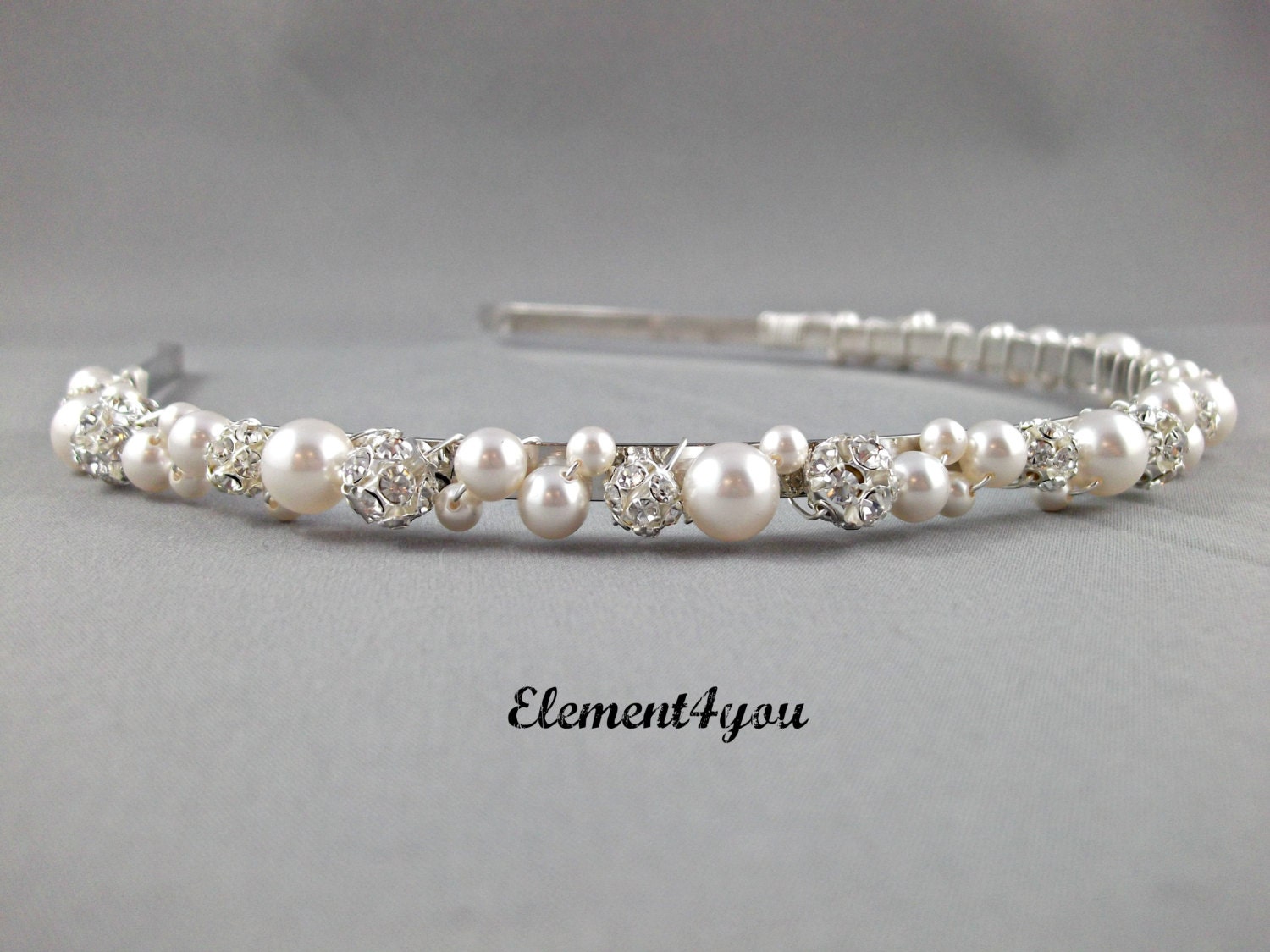 Swarovski Pearls rhinestone Balls Bridal Tiara Headband White or Ivory Beaded Silver Metal Hair Flower girl Wedding accessories