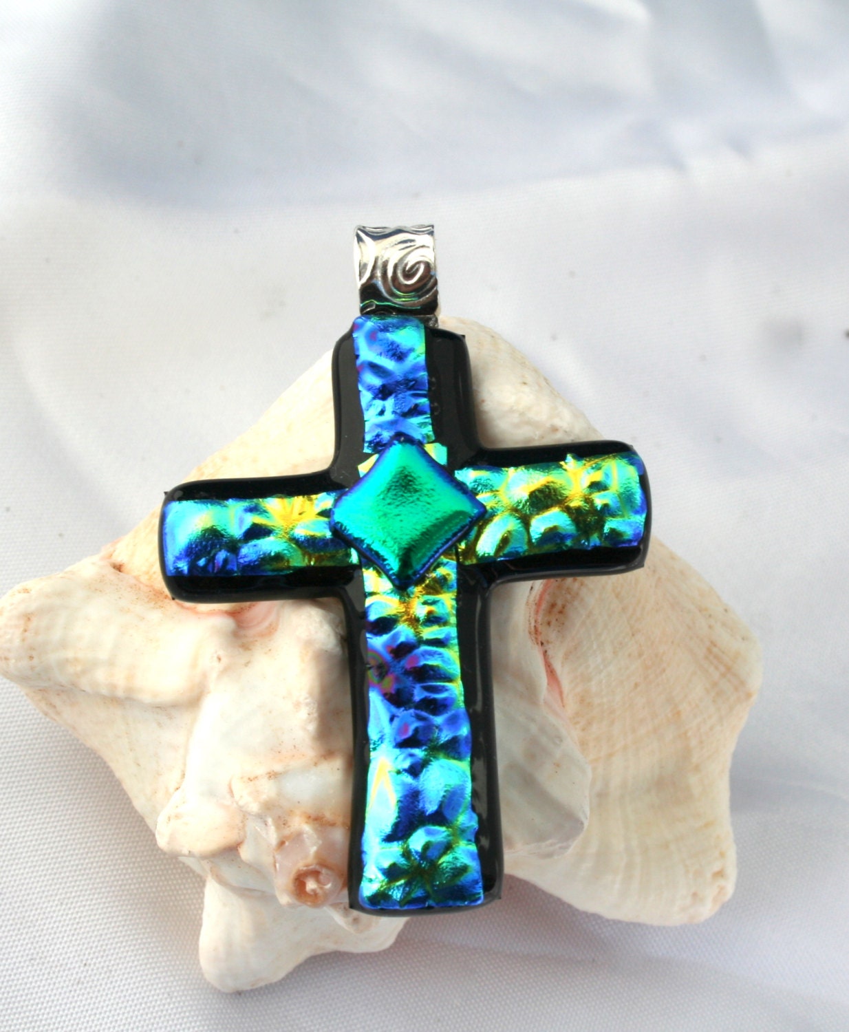 Dichroic Fused Glass Cross Pendant Gold, Blue and Green