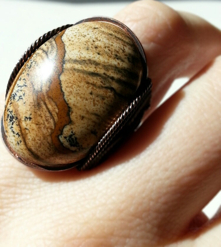 Big Stone Ring, Scenic Picture Jasper, Unique, Brown Landscape Pattern, Rustic Oxidized Copper Setting, Handmade Ring , Any Size
