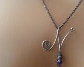 Initial Necklace, Oxidized Sterling Silver, Letter Necklace, Moonstone, Labradorite, Gemstone Briolette, Personalized Jewelry, Wire Initial