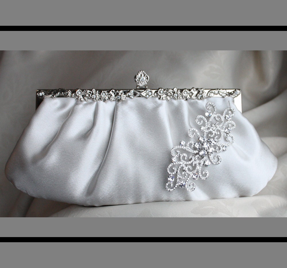 C306 Ivory satin Clutch with Swarovski Crystal brooch - ON sale 30% OFF