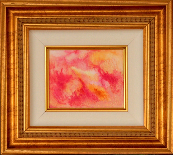 Small Abstract Painting Love Valentines Day Gold Gilded Frame Beautiful Pink Red Gold Yellow Raw Sienna