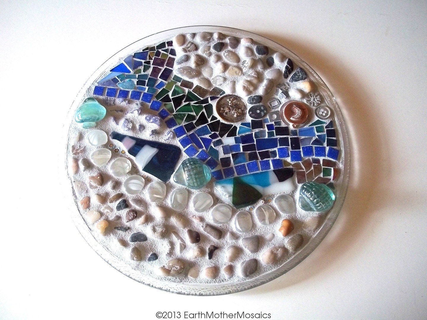 Stained Glass Mosaic Plate: Mixed Media, Blue, Green, Beach Decor, Upcycled, Recycled
