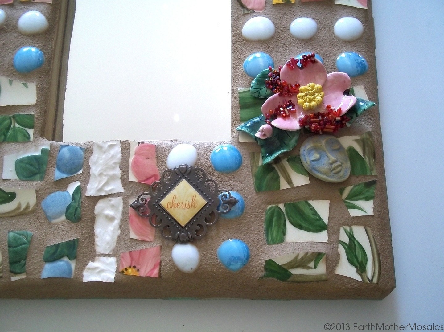 Mosaic Frame: Pique Assiette, Frame with Mirror, Wall Hanging, Pink, Blue, White, Green, Vintage, Dogwood