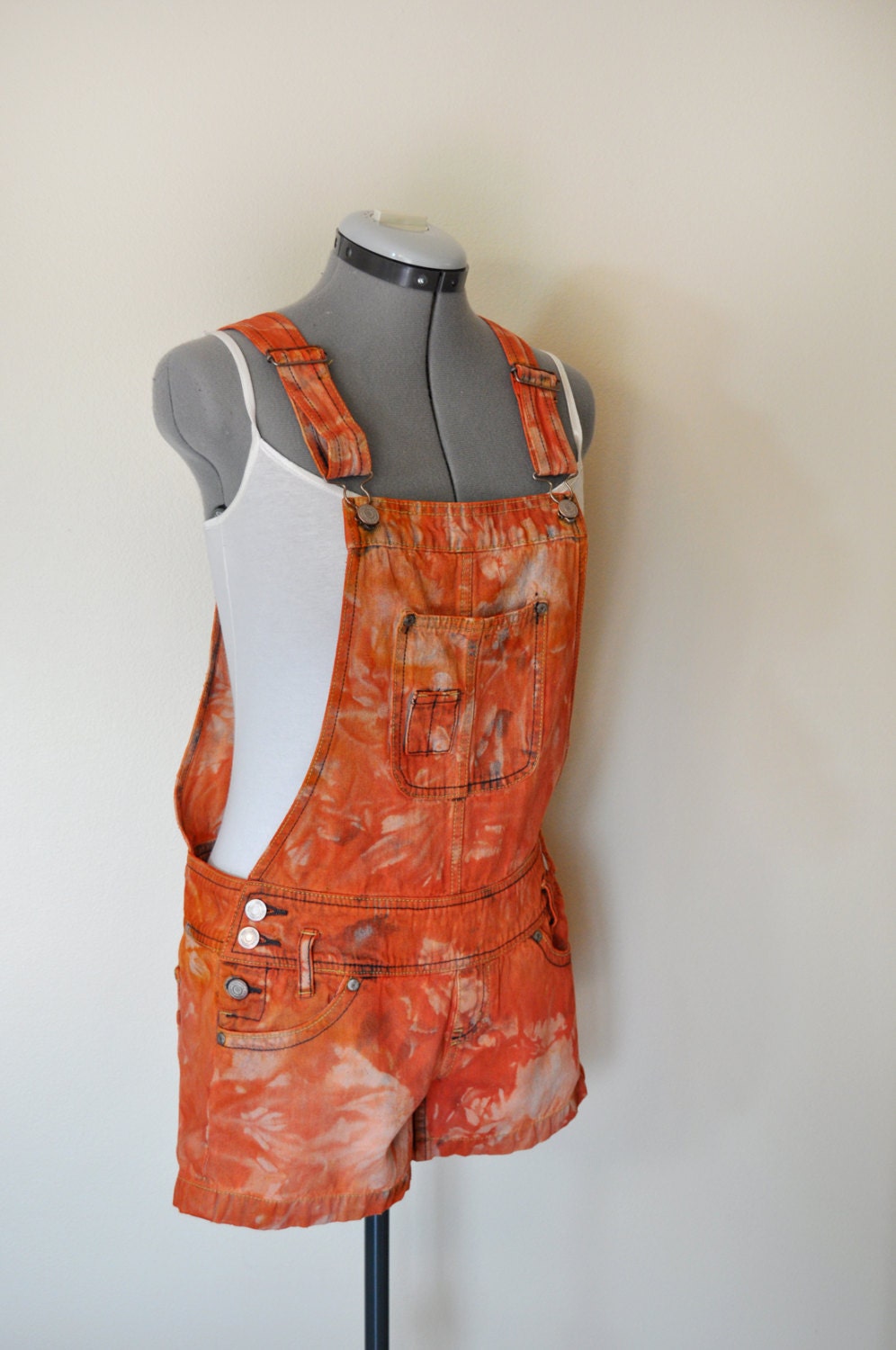 Orange Bib OVERALLS  - Hand Dyed Orange No Boundaries Cotton Denim Overall Shorts - Boho Hipster - Size Juniors 5 Small (32 waist)