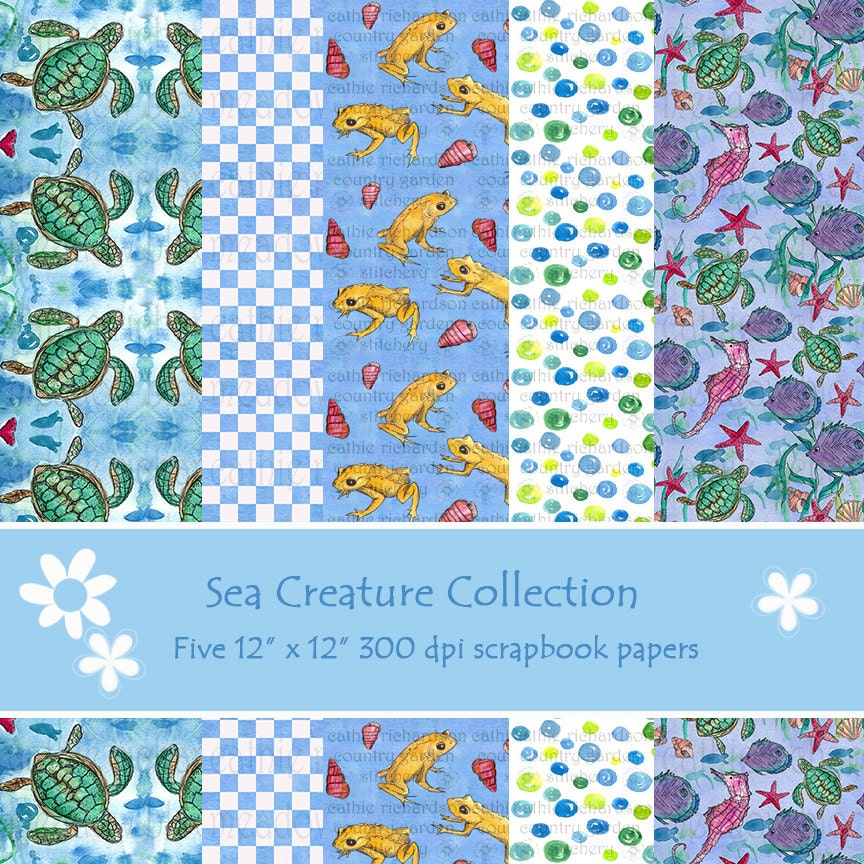 Frogs Fish Turtles Scrapbooking Set Printable Paper Instant Digital Download