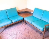 Mid Century 3 Piece Teak Sectional Set Two Sofas And Table  Aqua Vinyl   S