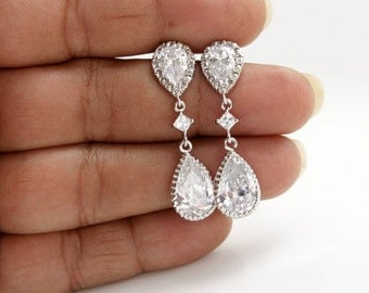 Wedding Jewelry Bridal Earrings Cubic Zirconia Teardrop Crystal Earrings Silver Posts Wedding earrings