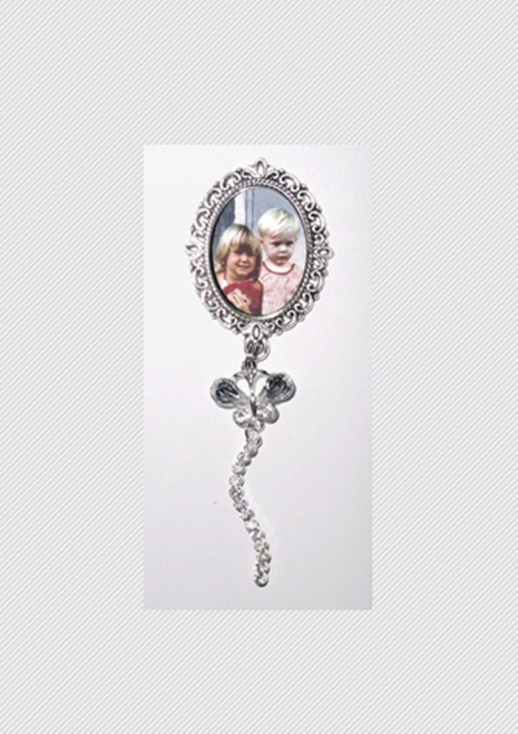 Memorial Photo Brooch Silver Butterfly Crystal Gems  - FREE SHIPPING