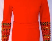vtg TEAL TRAINA 1960s AMAZING  fine wool dress with jeweled sleeves