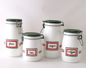 vintage kitchen canister set milk glass milkglass coffee tea sugar flour green red housewares kitchenware