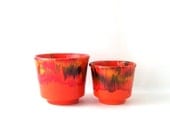 vintage flower pots pair orange lava glaze fire mid century modern retro decorative home decor garden gardening