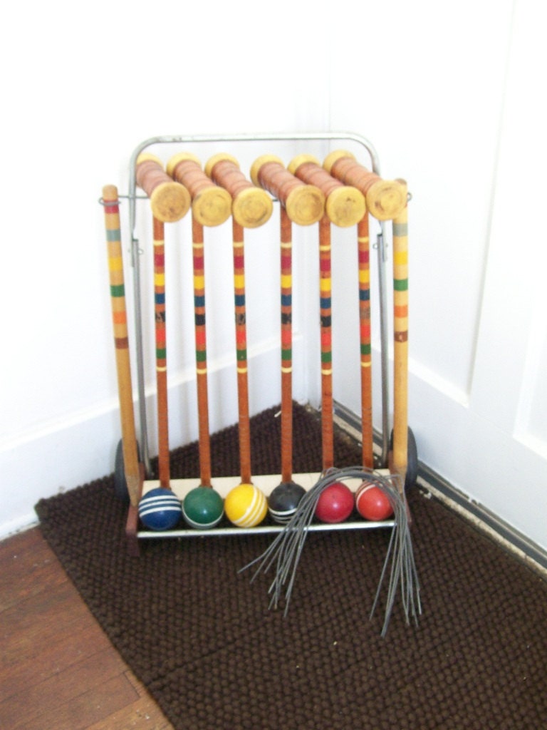 vintage forster skowhegan croquet set with rolling caddy complete 6 mallets balls wickets goal posts outdoors backyard activity sport game