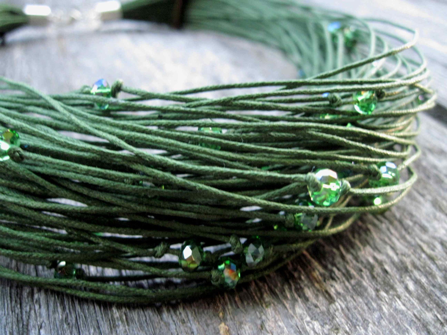 Green Waxed Linen Necklace Sparkling Glass Spring Fashion Multistrand Fiber Jewelry Valentines Day Eco Friendly - DreamsFactory