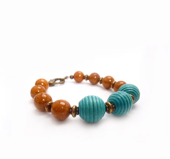 Beaded Bracelet, Mustard & Turquoise Stacking Bangle, Chunky Bohemian Bracelet, RockStoneTreasures
