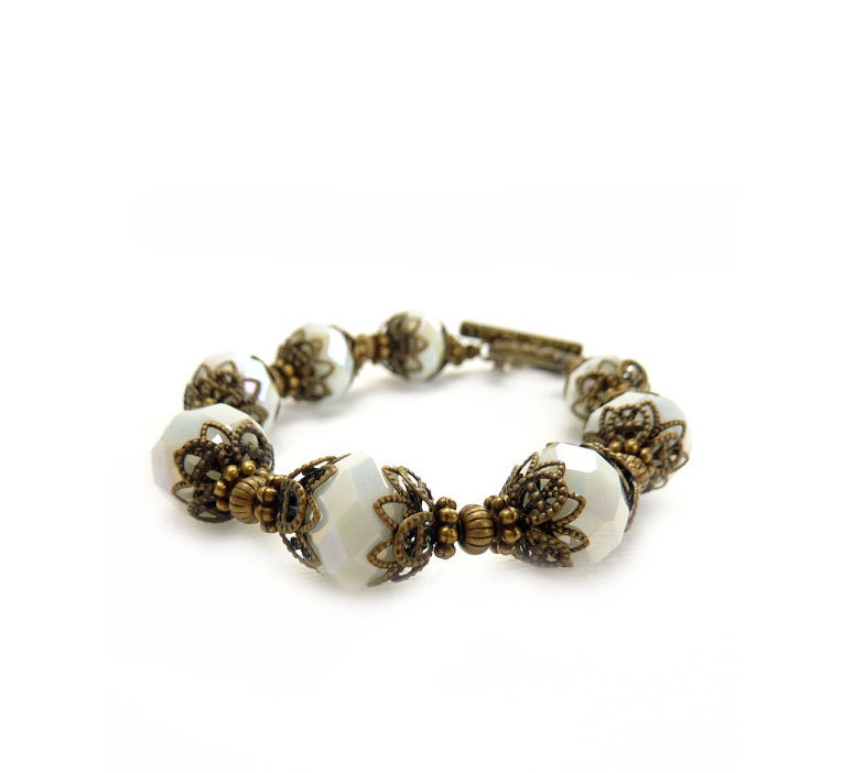 White Beaded Bracelet, Bohemian Jewelry, Retro Vintage Inspired, Funky Jewelry, Antiqued Bronze, Handmade