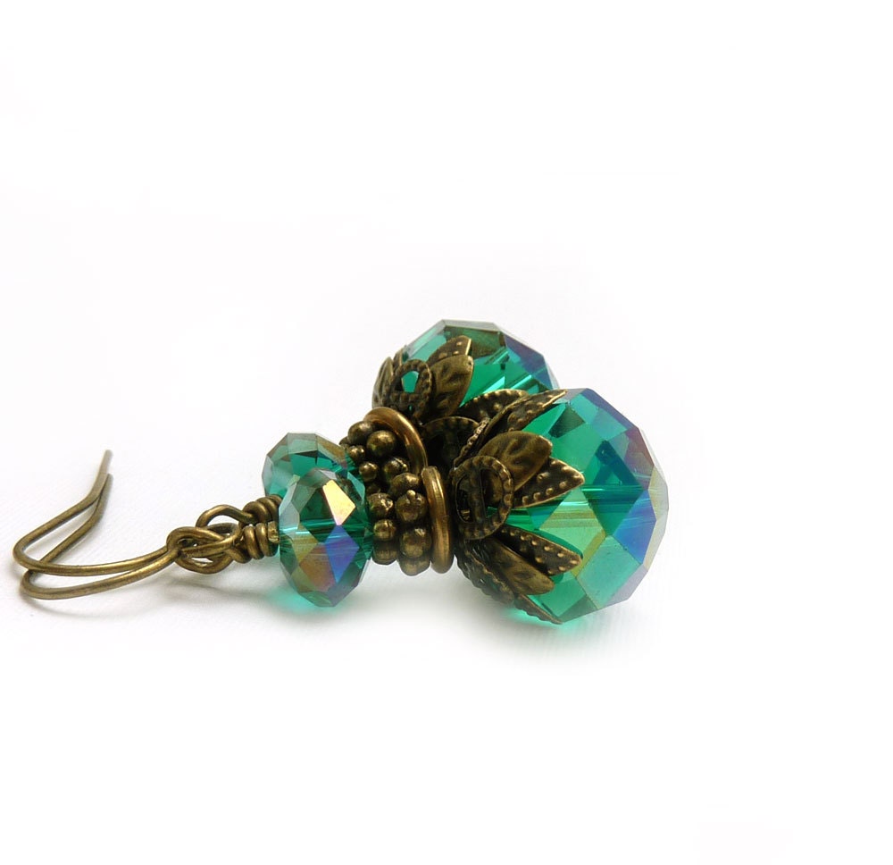 Teal Blue Earrings, Blue Dangles, Faceted Crystal, Antiqued Bronze, Victorian Style Drop Earrings, Retro Earrings