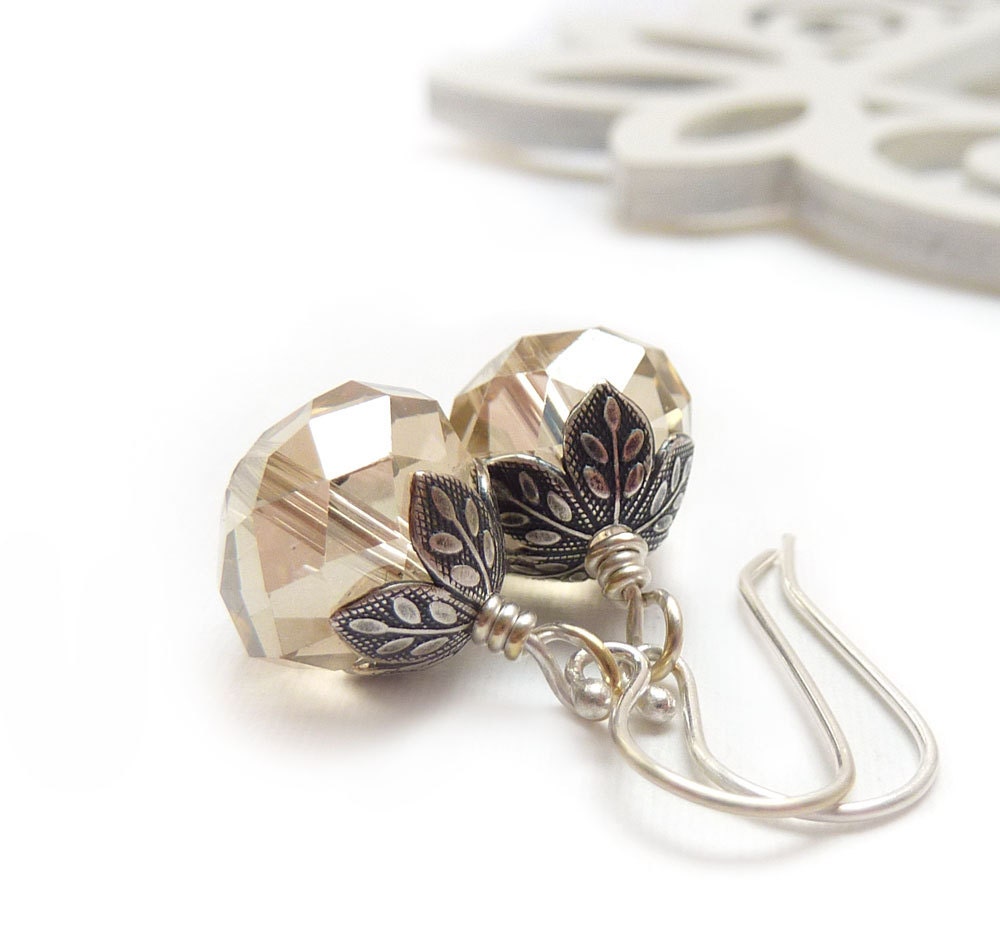 Champagne Crystal Earrings, Bridal Earrings, Antiqued Silver, Vintage Style Drop Earrings, Victorian, Short Dangles, Wedding Jewelry