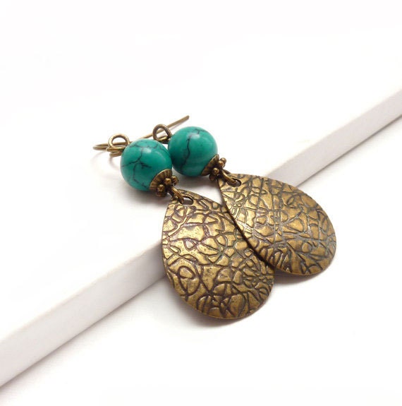 Turquoise Drop Earrings, Textured Bronze Dangles, Howlite Stones, Boho Style, Funky Beaded Earrings