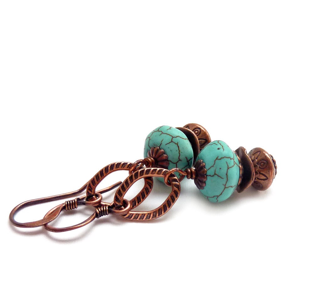 Turquoise Dangle Earrings, Southwestern Style, Copper Link Drops, Boho Drop Earrings, Casual Everyday Earrings