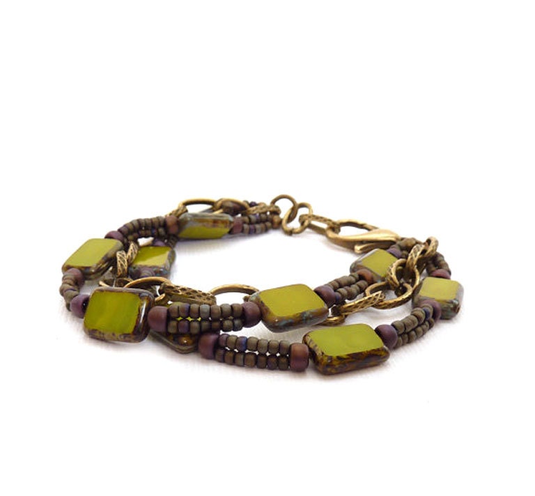 Multistrand Beaded Bracelet, Avocado Green Picasso Glass, Pea Green, Antiqued Brass Chunky Chain, Bohemian