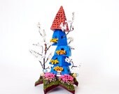 The Crooked Magnolia Fairy House Upon a Star - Miniature Royal Blue Four Level Steeple Tower with Flowering Tree, Azaleas and Mushrooms