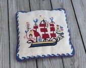 Vintage Nautical Folk Art Embroidered Pillow