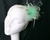 Small Pale Mint Spearmint Green Sinamay Loop Feather & Swarovski Crystal Bead  Fascinator Hair Comb - Custom Made to Order