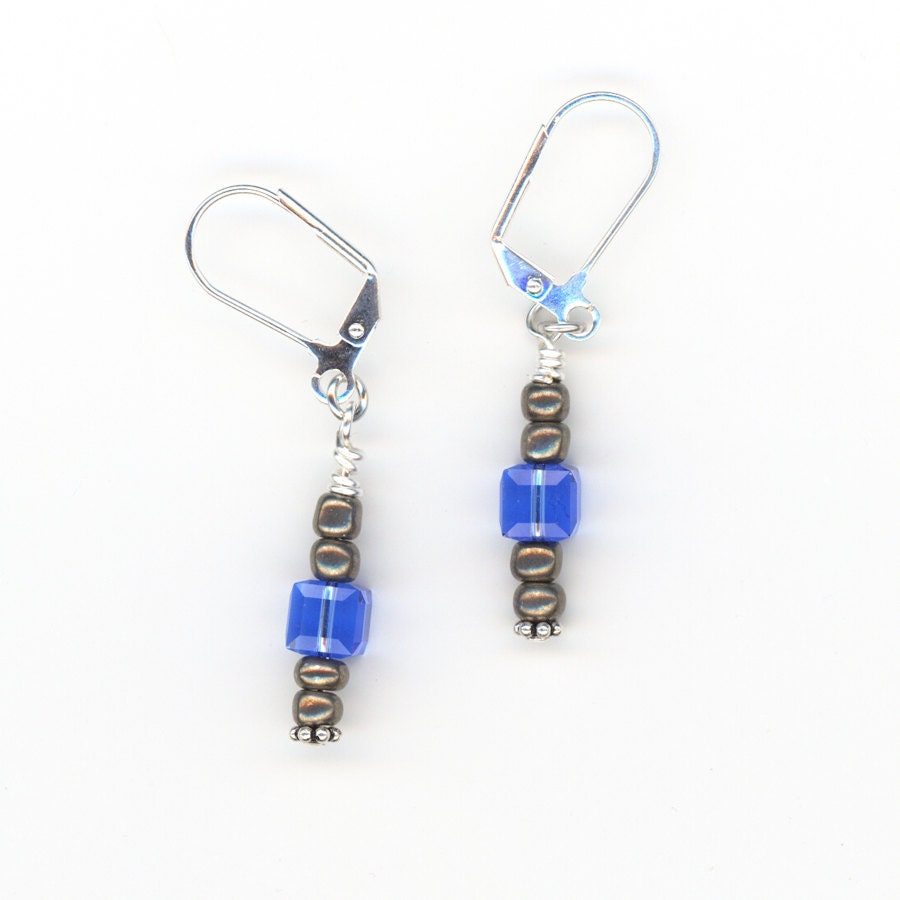 Leverback Earrings Sapphire Blue Crystal Cubes Dangle Style