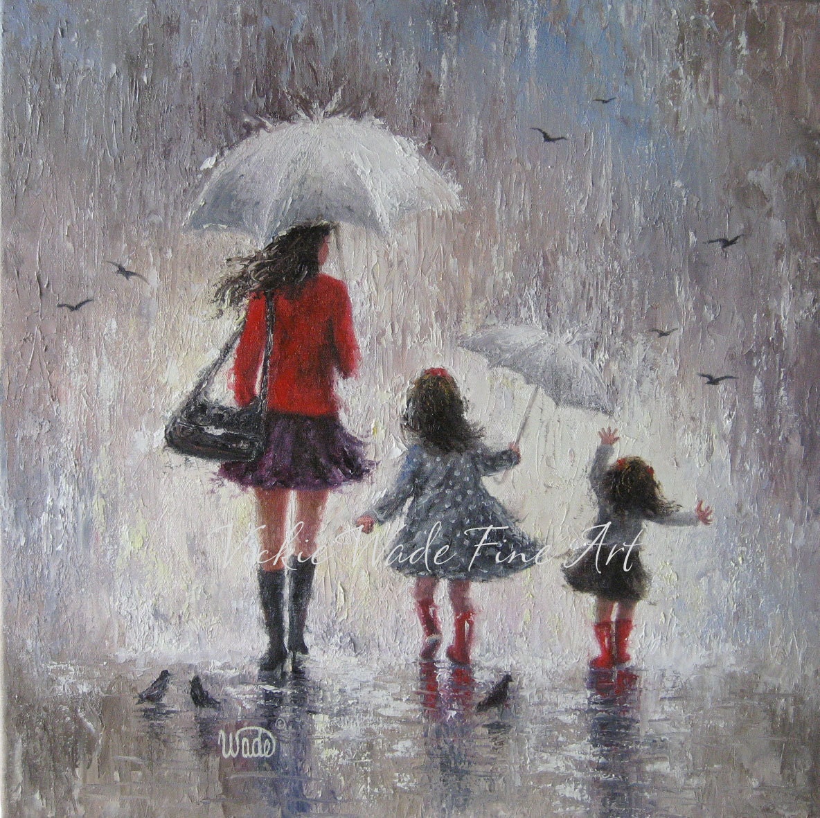 Rainy Day Walk With Mom Original Oil Painting, mother, two daughters, motherhood wall decor, Vickie Wade