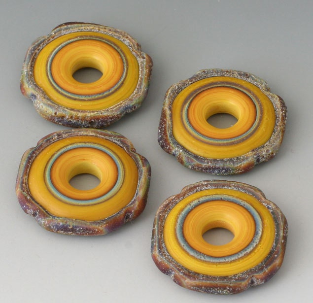 Rustic Squared - (4) Handmade Lampwork Beads - Ochre, Brown