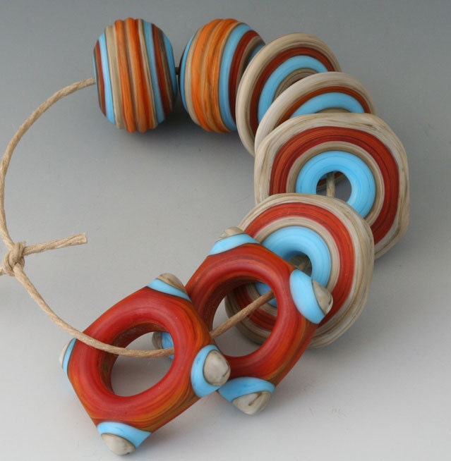 Artisan Pairs - (8) Handmade Lampwork Beads - Turquoise, Coral - Etched, Matte