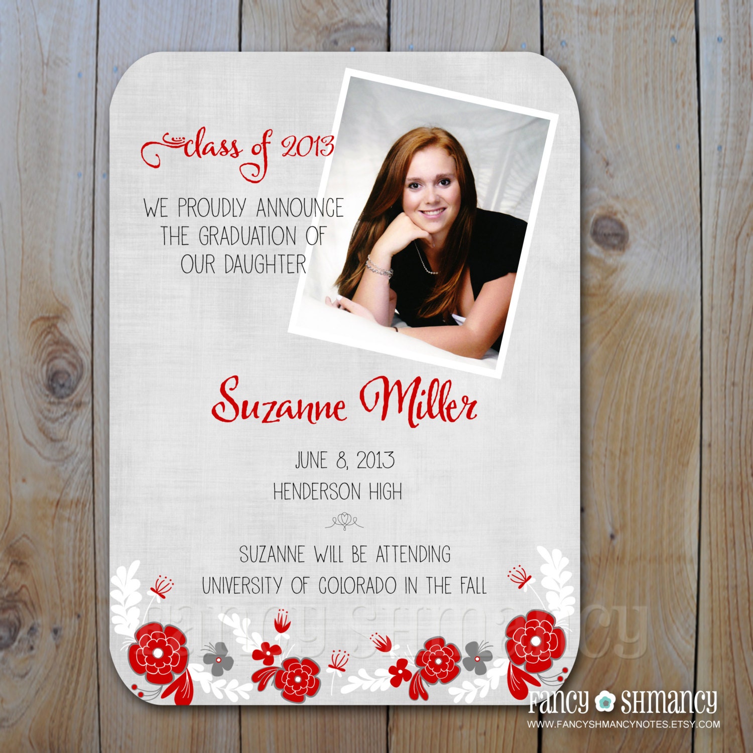 Graduation Photo Announcement  / Red Floral Invitation / Printable DIY Digital Invitation/ Item 52024
