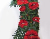 Nuno Felted scarf   Poppy red green flower
