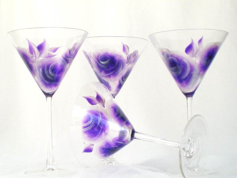 Hand-Painted Martini Glasses - Purple and Silver Roses, Set of 4 - Abstract Margarita Cocktail Glass