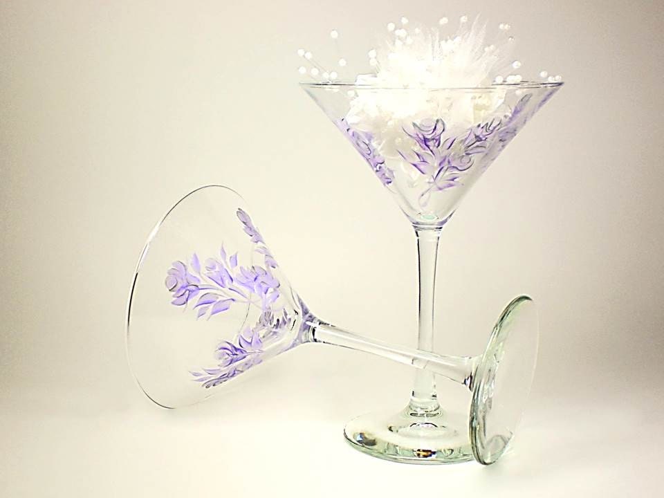 Bridesmaid Martini Glasses - Elegant, Hand Painted Lavender and Silver Roses Set of 4 - Margarita Cocktail Wedding