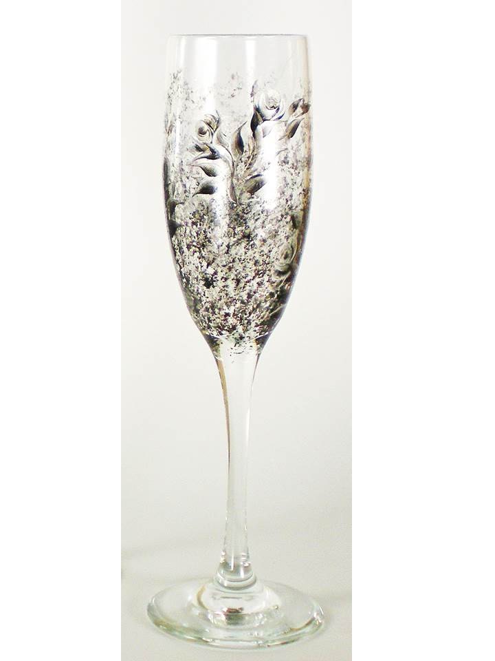 Bridesmaid Gift Hand Painted Champagne Flutes - Silver and Ebony Black Roses, Set of 5 - Personalized Wedding Anniversary Party