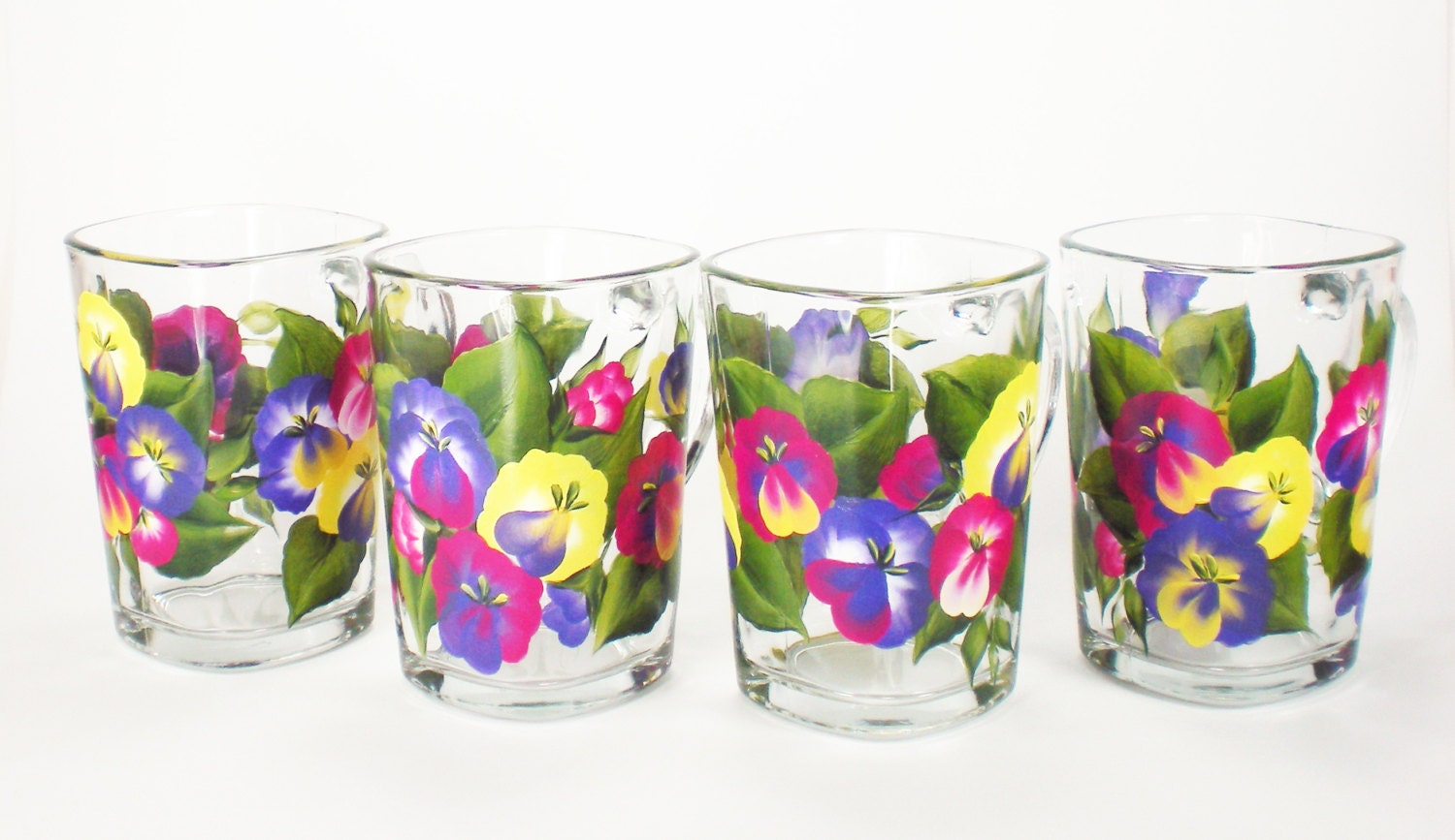 Hand Painted Coffee Mugs - Colorful Spring Pansies Pink Purple Yellow, Tea Cup Set of 4,  Lg 16 oz - Mothers Day Summer Rainbow