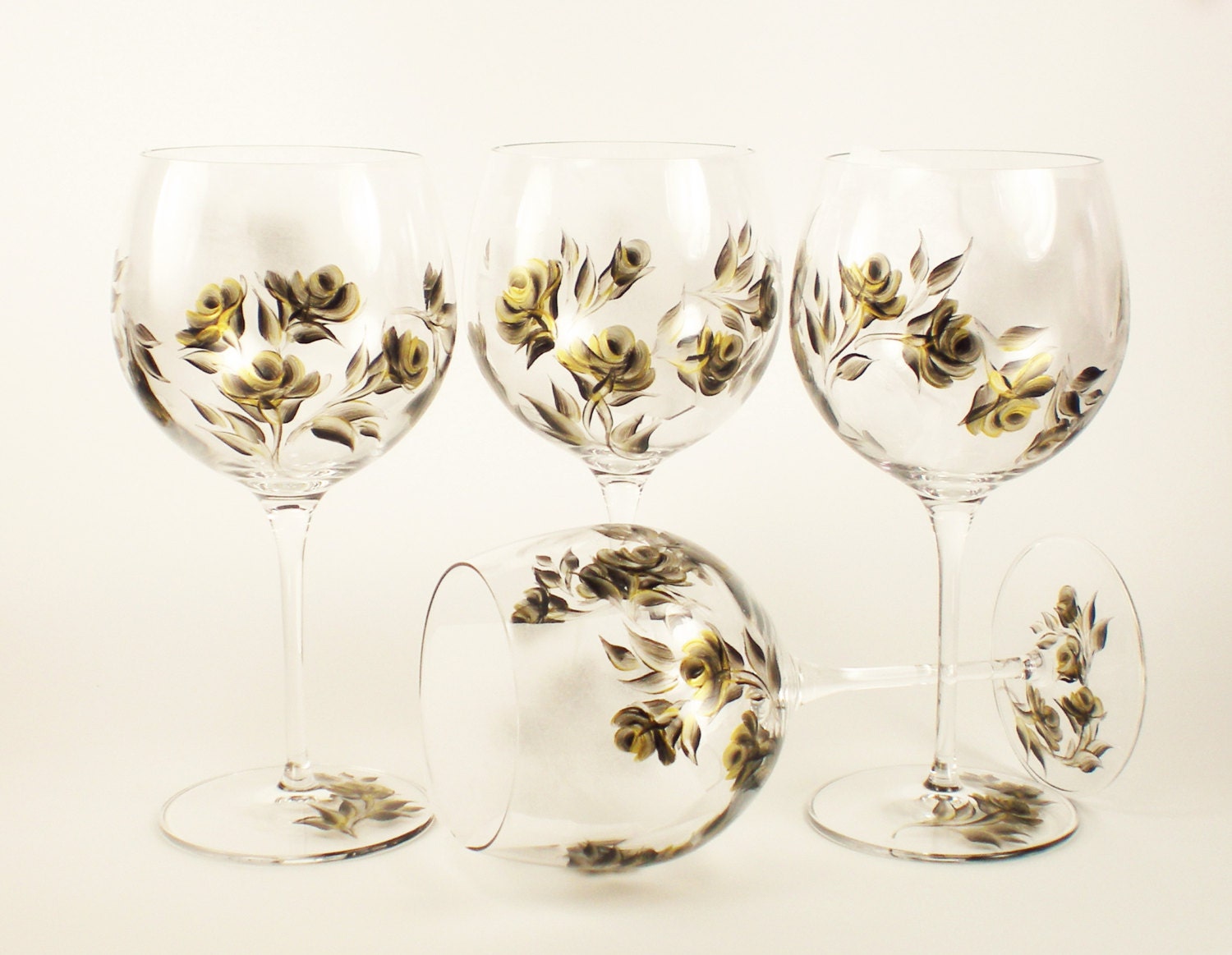 Painted Wine Glasses - Hand Painted Roses in Gold and Black, Set of 4 Large 18.5 oz Crystal Goblets - Personalized Wedding 50th Anniversary