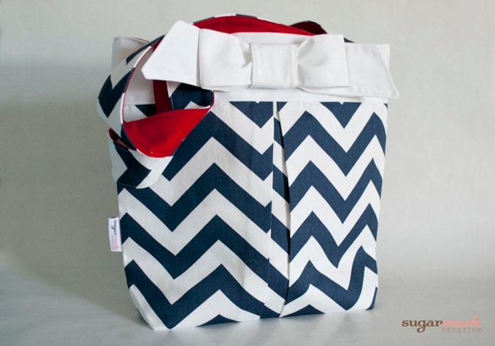 Navy Blue Chevron Pleated Chevron Tote Bag with Bow