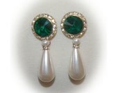 Pearl Teardrop Earrings Emerald and Rhinestones  Vintage 1970's 1980's