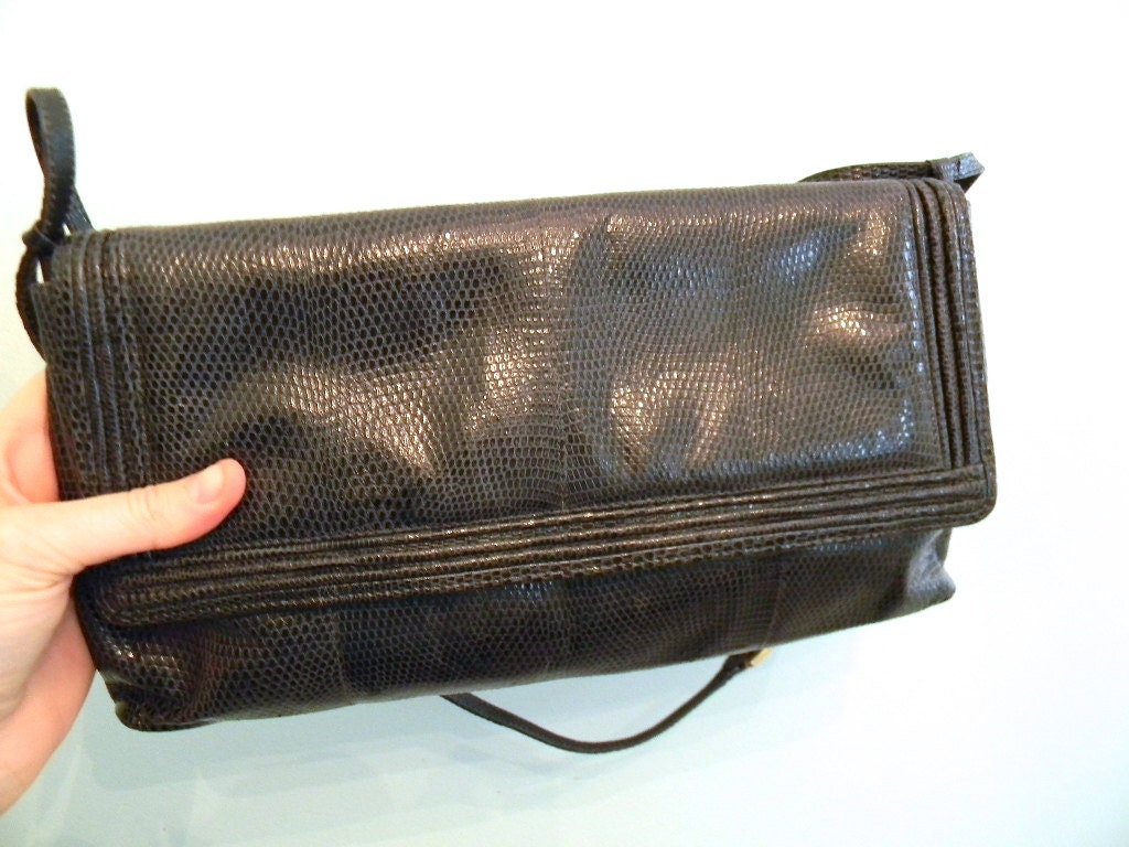 vintage. 70s Charcoal Gray Black Leather Clutch // Made in Italy // 1970s