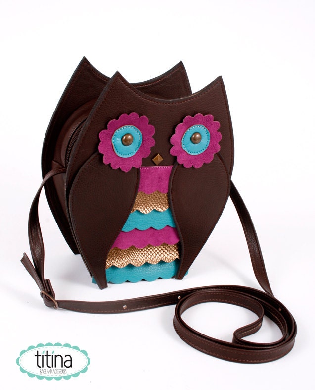 Mr owl bag in turquoise, fiusha and ochre colors