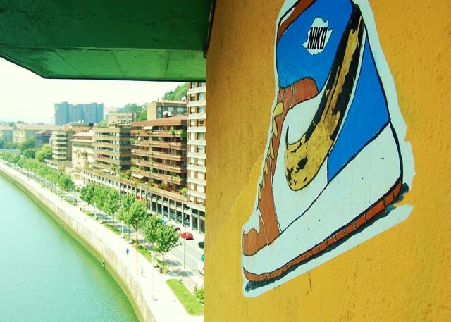 Just Do It - 5x7 Spain Bilbao Bridge Sports Shoe Street Art Graffiti Photography Print - Quirky Sign Message Picture