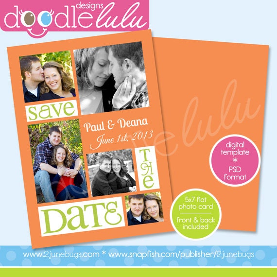 Printable Save The Date 2013 5x7 / Orange Green / Color Options / Digital Photo Card Template (Photoshop) PSD from DOODLELULU by 2 june bugs Il_170x135