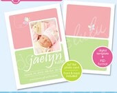 Digital Printable 5x7 Butterfly Pink & Green Baby Girl Photo Card Birth Announcement Template - Design from DOODLELULU by 2 june bugs Il_170x135